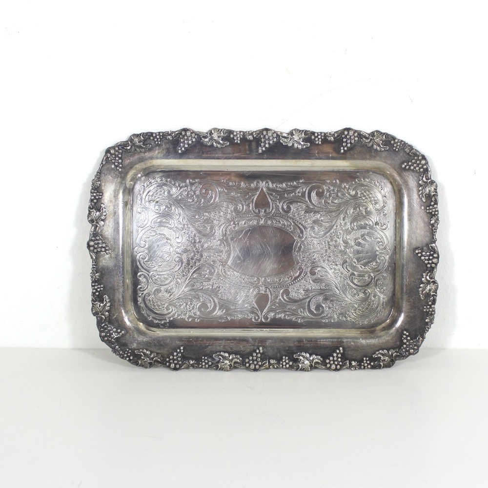 Small Silver Plated Tray, Raised Grape Edge Embossed Detail, Vintage Plate Old